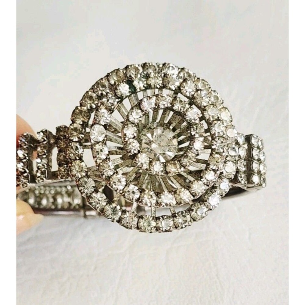 Vintage Rhinestone Clamper Bracelet  3d Circles Art Deco Style Silver Tone 6.5